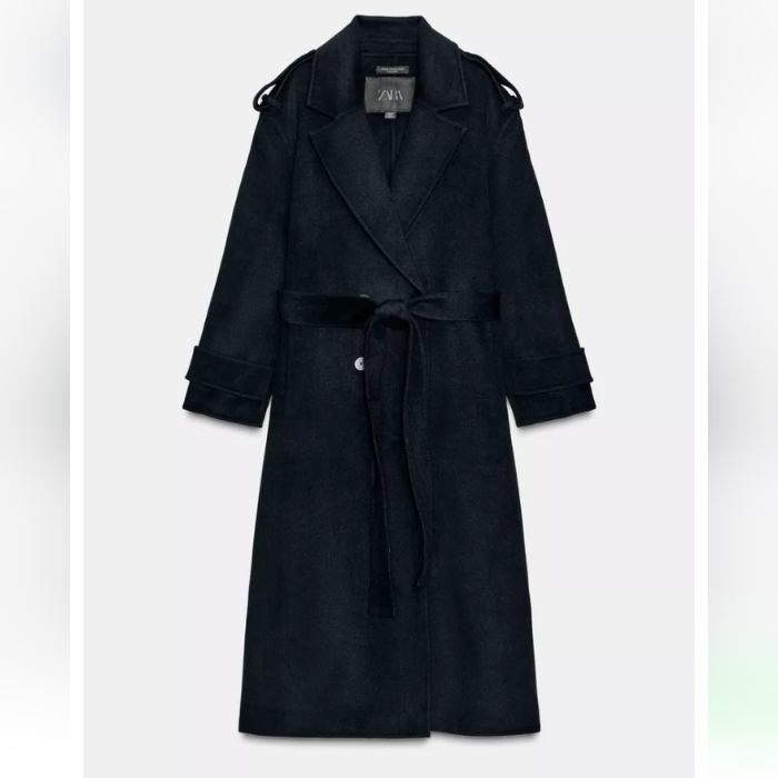 Zara Zw Collection Limited Edition Wool Blend Dark Navy Trench Coat Sz-Xs